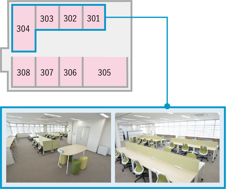 フロアの301号室から304号室が当開発センターです。開発センターの屋内写真